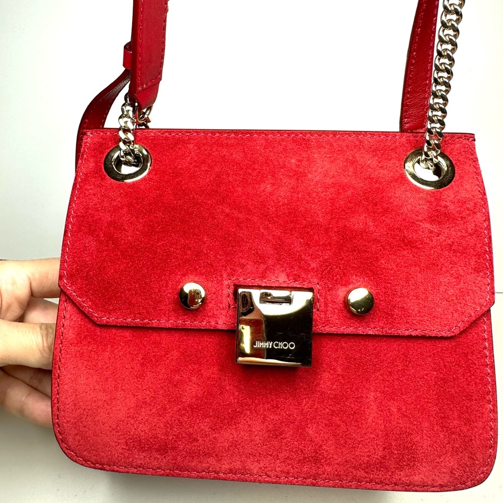 Stunning JIMMY CHOO red suede handbag with light gold hardware. NWT